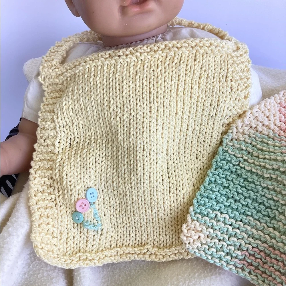 Baby Bib Set Hand Crafted Washcloth Cotton Yellow Green Unisex Floral Knit